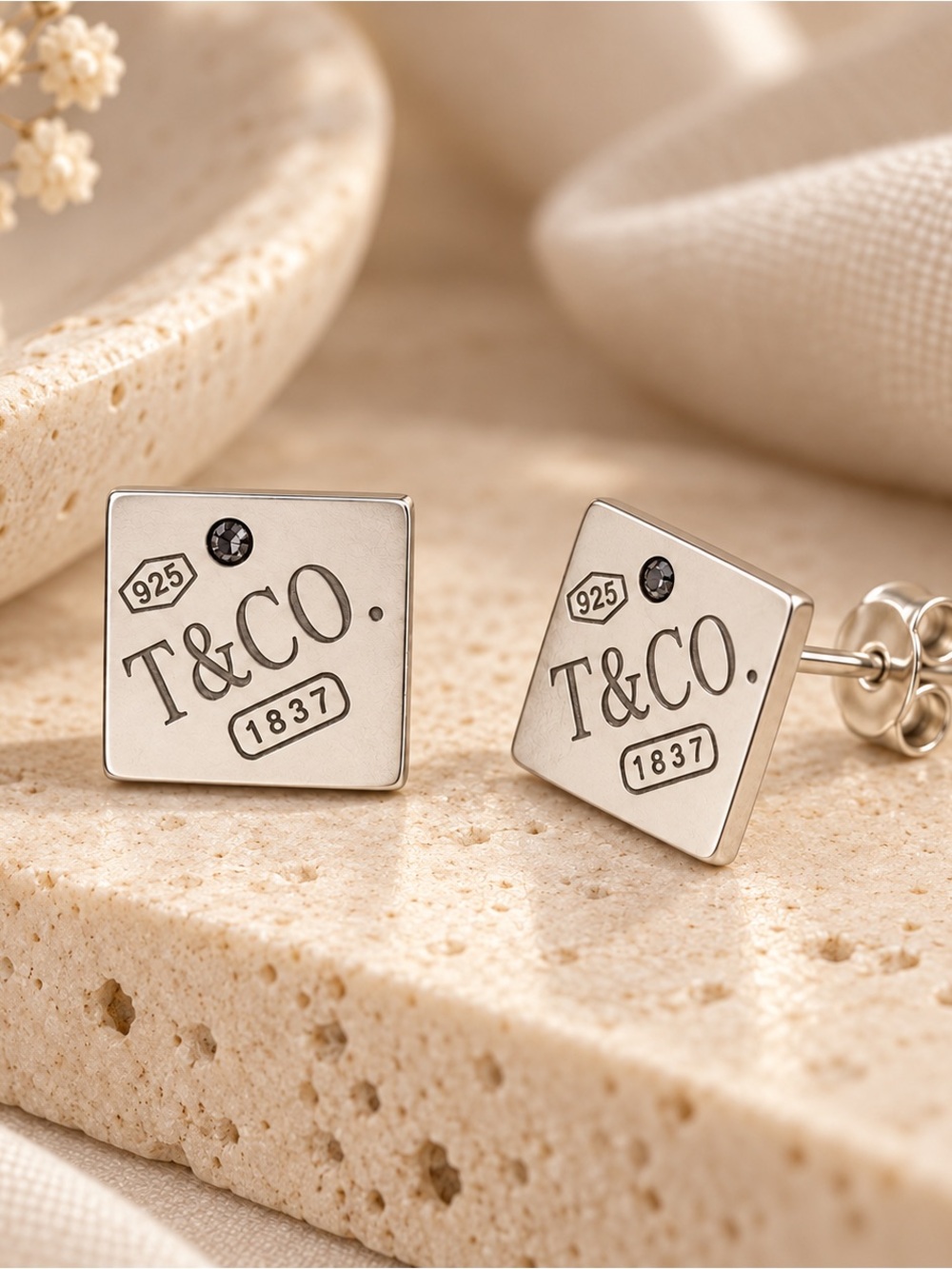 Designer Inspired T&Co. 1837 Square Silver Stud Earrings